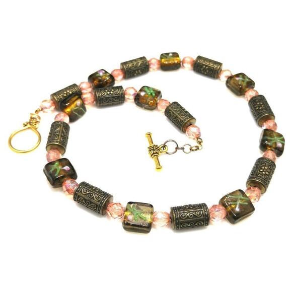 Handmade Art Bead Necklace,  Pink Czech Beads, Brass Barrel Bead, Handmade, 20" - Picture 7 of 8